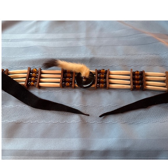 Jewelry - Choker Necklace Bone Beads Feather Button Leather Cord Tribal Boho southwestern